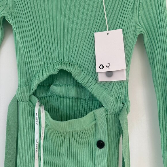 NWT Self-portrait Ribbed Knit Midi Dress Spearmint Small Cut-out Button Details - Picture 7 of 11